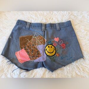 Vintage Embroidered Patchwork Denim Shorts Handmade Boho Festival Distressed